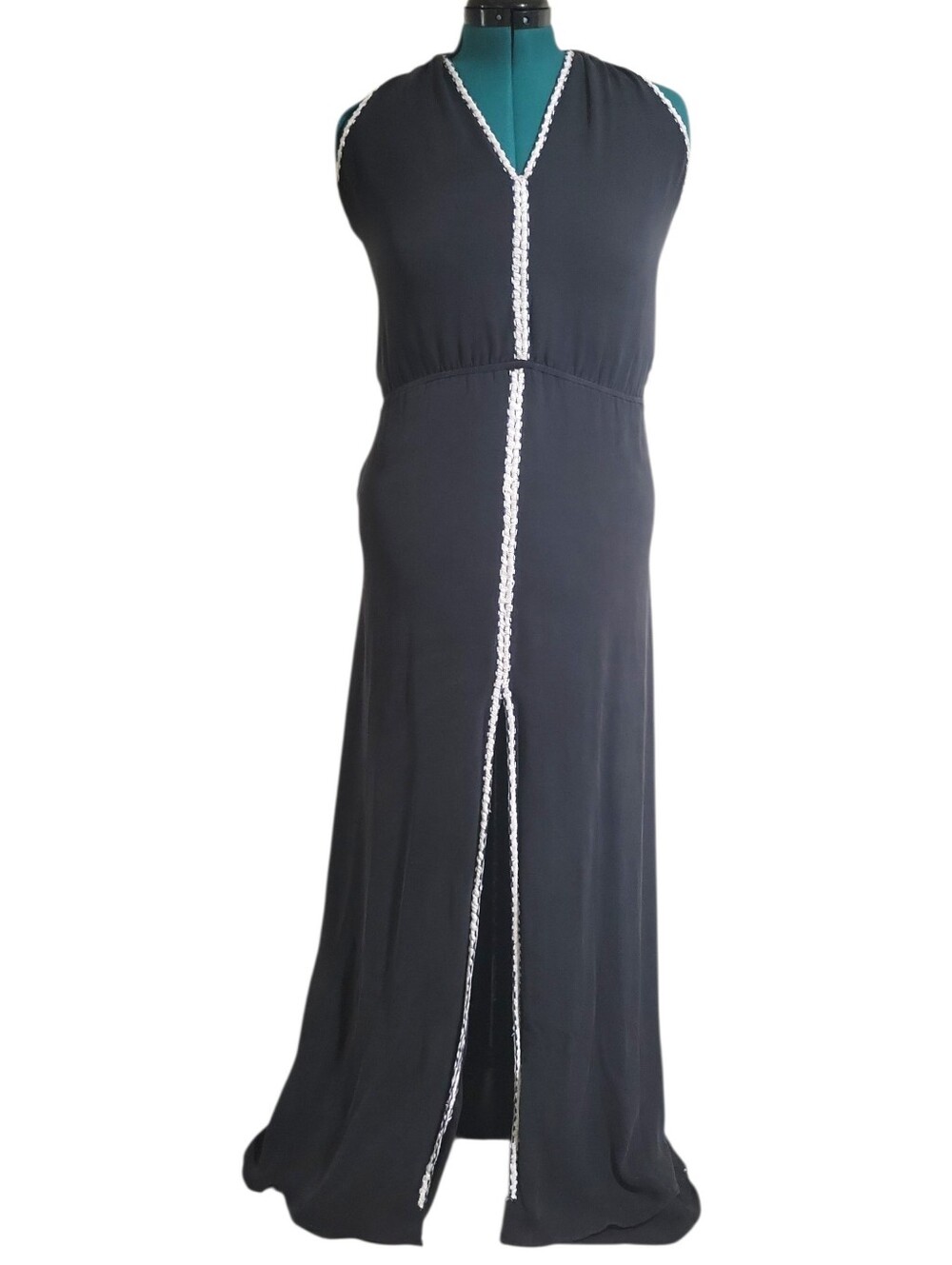 Parker Vintage Silk Black Braided Trim Maxi Dress Size M V-Neck  Halter Tie Neck - Picture 2 of 15